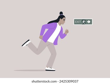 A young character is sprinting towards a direction indicated by an evacuation green sticker, following an emergency situation plan, the scene illustrates the urgency and adherence to safety protocols