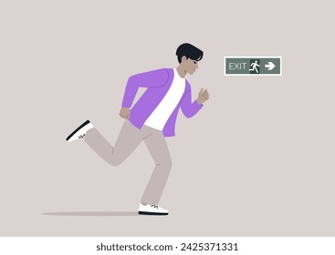 A young character is sprinting towards a direction indicated by an evacuation green sticker, following an emergency situation plan, the scene illustrates the urgency and adherence to safety protocols