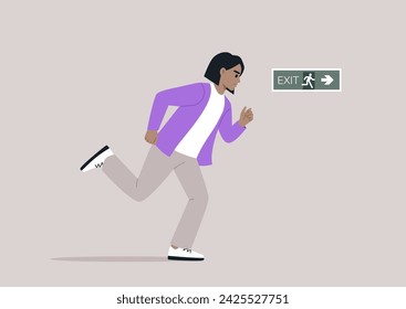 A young character is sprinting towards a direction indicated by an evacuation green sticker, following an emergency situation plan, the scene illustrates the urgency and adherence to safety protocols