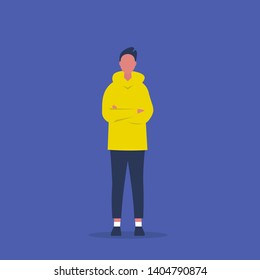 Young character standing with arms crossed. Body language. Passive aggressive behaviour. Dissatisfied. Emotions and gestures. Flat editable vector illustration, clip art