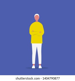 Young character standing with arms crossed. Body language. Passive aggressive behaviour. Dissatisfied. Emotions and gestures. Flat editable vector illustration, clip art