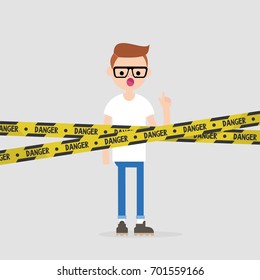 Young character standing behind the crossed danger police tape / flat editable vector illustration, clip art