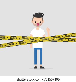 Young character standing behind the crossed danger police tape / flat editable vector illustration, clip art