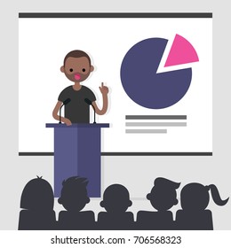 Young character standing behind the tribune and pointing the finger up / flat editable vector illustration