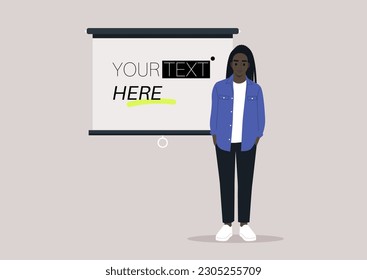 A young character standing next to a video projector screen, copy space, your text here