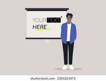 A young character standing next to a video projector screen, copy space, your text here