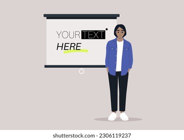 A young character standing next to a video projector screen, copy space, your text here