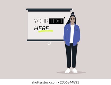 A young character standing next to a video projector screen, copy space, your text here