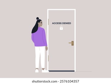 A young character stands thoughtfully by a locked door labeled Access Denied, pondering the barriers they face in their journey towards discovering new possibilities for growth and exploration