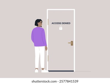 A young character stands thoughtfully by a locked door labeled Access Denied, pondering the barriers they face in their journey towards discovering new possibilities for growth and exploration