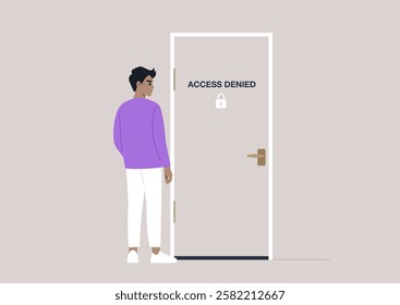 A young character stands thoughtfully by a locked door labeled Access Denied, pondering the barriers they face in their journey towards discovering new possibilities for growth and exploration