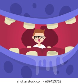 Young character stuck in monster's throat calling for help / flat editable vector illustration, clip art