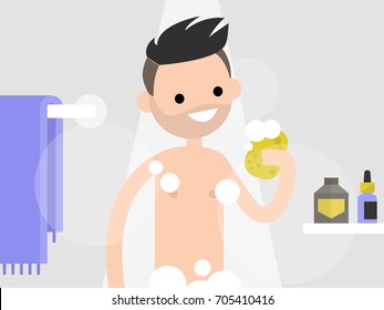 Young character taking a shower in a bathroom. flat editable vector illustration, clip art