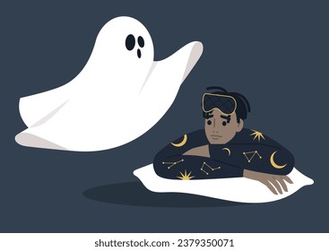 A young character in their pajamas, gripped by fear as they encounter a white ghost, portraying a night panic attack scenario