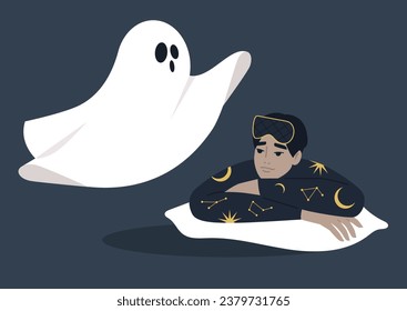 A young character in their pajamas, gripped by fear as they encounter a white ghost, portraying a night panic attack scenario