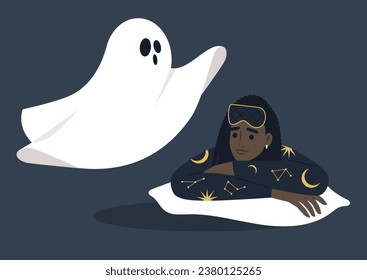 A young character in their pajamas, gripped by fear as they encounter a white ghost, portraying a night panic attack scenario