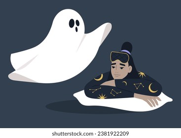 A young character in their pajamas, gripped by fear as they encounter a white ghost, portraying a night panic attack scenario