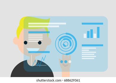 Young character touching a blue transparent futuristic screen / flat editable vector illustration, clip art