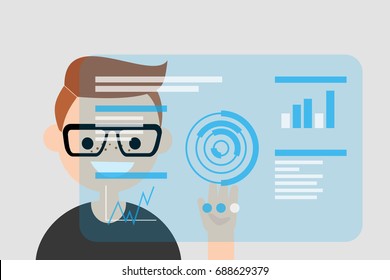 Young character touching a blue transparent futuristic screen / flat editable vector illustration, clip art