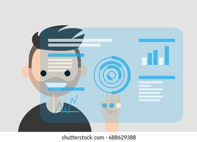 Young character touching a blue transparent futuristic screen / flat editable vector illustration, clip art