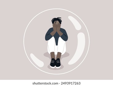 A young character trapped alone inside a transparent bubble, their head in hands, their body language expressing immense sadness and desperate loneliness