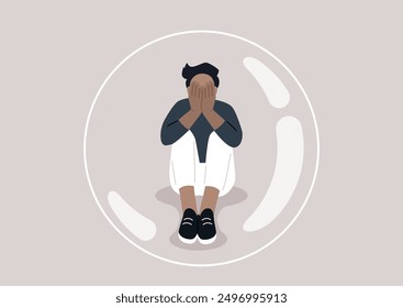 A young character trapped alone inside a transparent bubble, their head in hands, their body language expressing immense sadness and desperate loneliness