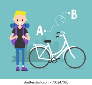 Young character traveling by bicycle from A to B. Flat editable vector, clip art