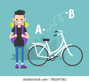 Young character traveling by bicycle from A to B. Flat editable vector, clip art