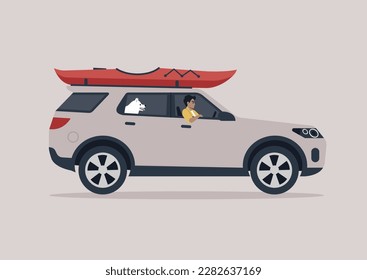 A young character traveling with their dog, a kayak boat fixed to a roof rack of the car, road trip