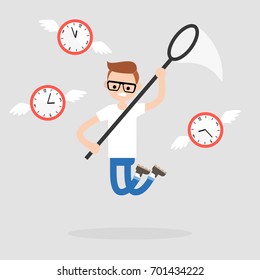 Young character trying to catch the moment. Time. Deadline conceptual illustration. Flat editable vector, clip art