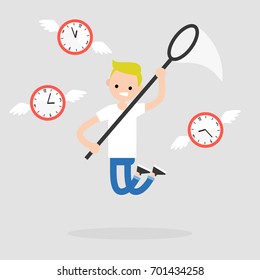 Young character trying to catch the moment. Time. Deadline conceptual illustration. Flat editable vector, clip art