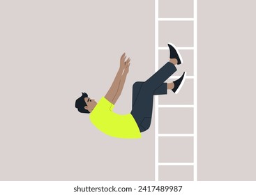 A young character tumbling from a ladder serves as a metaphor for a setback on the professional journey, symbolizing a stumble on the path to success