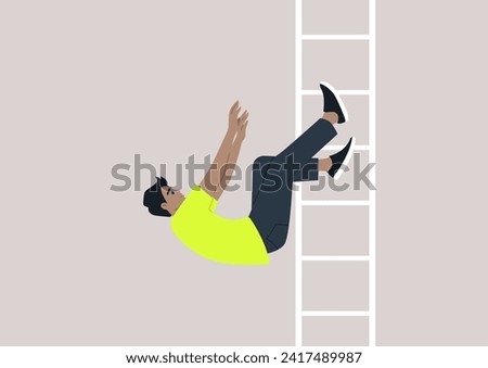 A young character tumbling from a ladder serves as a metaphor for a setback on the professional journey, symbolizing a stumble on the path to success