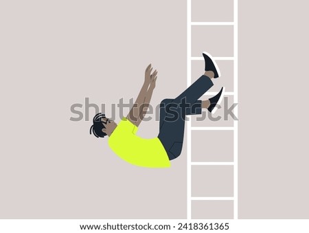 A young character tumbling from a ladder serves as a metaphor for a setback on the professional journey, symbolizing a stumble on the path to success