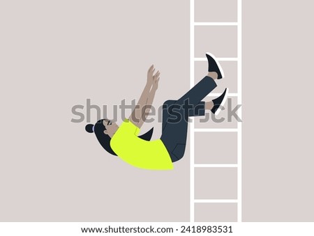 A young character tumbling from a ladder serves as a metaphor for a setback on the professional journey, symbolizing a stumble on the path to success