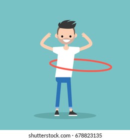 Young character twirling a hoop around the waist / flat editable vector illustration, clip art