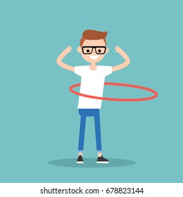 Young character twirling a hoop around the waist / flat editable vector illustration, clip art