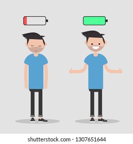 young character in two versions tired and active with battery icon above,full and low battery concept.flat cartoon design