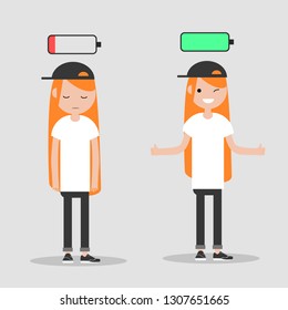 young character in two versions tired and active with battery icon above,full and low battery concept.flat cartoon design