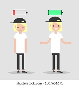 young character in two versions tired and active with battery icon above,full and low battery concept.flat cartoon design