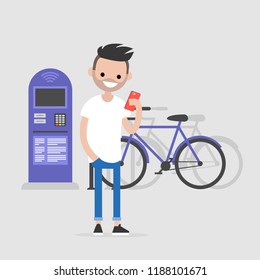 Young character using a mobile bike rental application. Urban transport system. Flat editable vector illustration, clip art. Active lifestyle