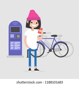 Young character using a mobile bike rental application. Urban transport system. Flat editable vector illustration, clip art. Active lifestyle