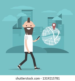 Young character using a navigational app. Map and geo tag on city background.Flat cartoon design.Clip art