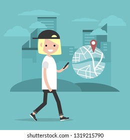 Young character using a navigational app. Map and geo tag on city background.Flat cartoon design.Clip art