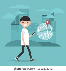 Young character using a navigational app. Map and geo tag on city background.Flat cartoon design.Clip art