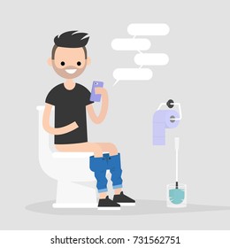 Young character using a smartphone in a restroom. Modern habits. Flat editable vector illustration, clip art