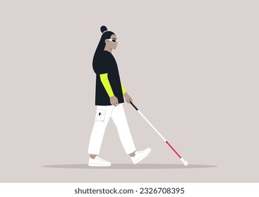 Young character using a white cane, a visually impaired person walking outdoor