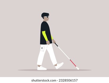 Young character using a white cane, a visually impaired person walking outdoor