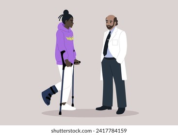 A young character, utilizing crutches and a hard shell boot to support a fractured leg, attends a checkup appointment with a doctor, the ongoing journey of recovery and healing