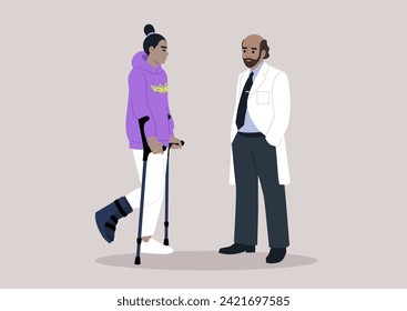 A young character, utilizing crutches and a hard shell boot to support a fractured leg, attends a checkup appointment with a doctor, the ongoing journey of recovery and healing